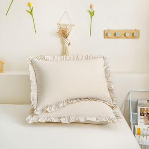 Cream King Ruffled Shams - Set Of 2, Cute Solid Fringe Design, Beige Grey - Shabby Chic Pillowcases (King, 20''x36'')