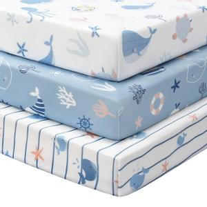 Baby Crib Sheets for Boys and Girls, 3 Pack Toddler Bed Sheets for 52x28 Standard Toddler Mattresses, Soft Microfiber Fitted Crib Sheets Neutral Blue Ocean Whale