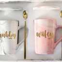 Wifey and Hubby Coffee Mugs Set - Mr Mrs Gifts for Husband Wife - Engagement Wedding Anniversary Valentines Day Gift for Couple - 14 Ounce (Pink and Gray)