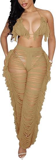 KANSOON Two Piece Sets for Women Sexy Crochet Outfits Halter Top Fringe Pants Summer Party Clubwear (Large, Black)