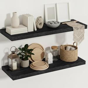 Vivelove Black Floating Shelves, 12" Deep Wall Shelves for Bedroom, Living Room, Kitchen, Office, Rustic Home Decor Shelf with Invisible Brackets, 36X12X1.5, Set of 2