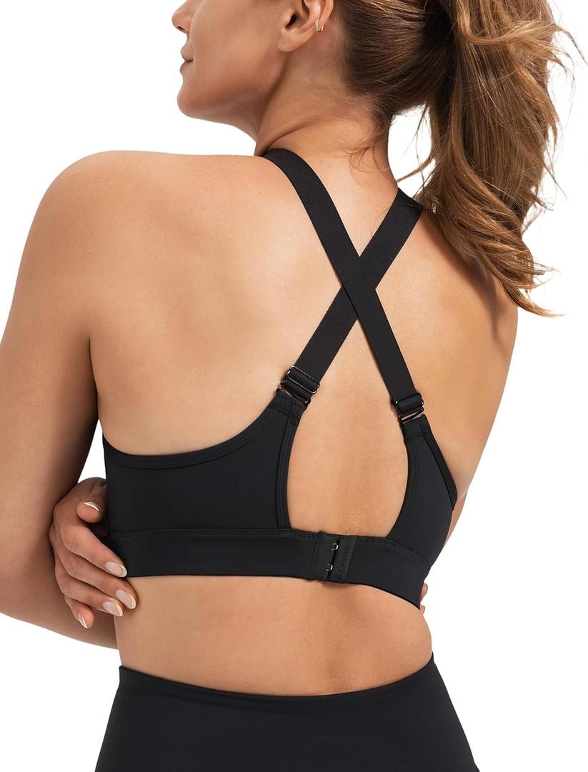 Yvette Supportive Sports Bra Adjustable Straps Plus Size Workout Running High Impact Sports Bras for Women Sewn in Pads (Black, L)