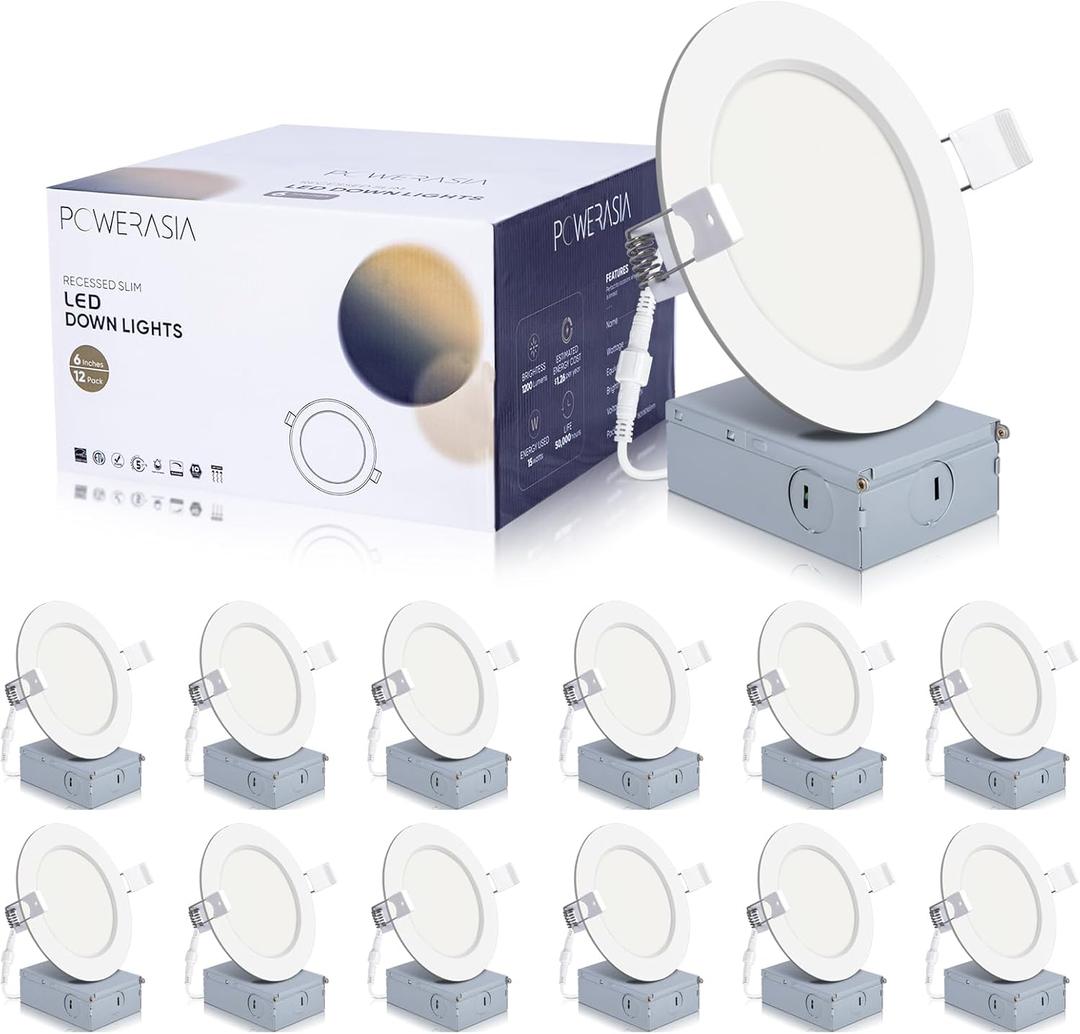 12 Pack 4 Inch Ultra-Thin LED Recessed Ceiling Light with Junction Box, Recessed Lighting 4 Inch 6000K Dimmable Clear White, 9W 110W Eqv, 850LM High Brightness - ETL and Energy Star Certified