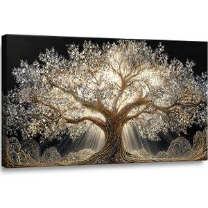 YBARTZQ Black Gold Tree Canvas Wall Art 24x48 Framed Tree of Life Picture