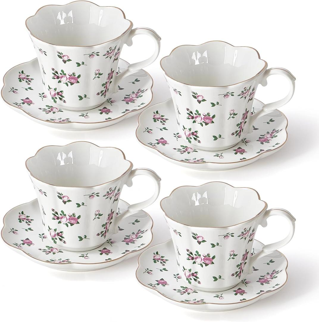 Floral Tea Cups and Saucers, 6oz Ceramic Teacup Set of 4, Elegant Scalloped Edge Coffee Cups for Latte, Cappuccino, Espresso, Rose Tea Cups for Tea Parties, Women Gifts for Mother's Day, Spring Decor