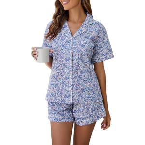 LUBOT 100% Cotton Pajamas for Women 2 Piece PJ Set Poplin Woven Button Down Short Sleeve Summer Sleepwear (Size L)