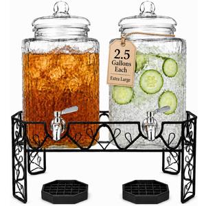 Dual 2.5 Gallon Glass Beverage Dispenser Set with Stainless Steel Spigots, Metal Stand & 2 Drip Trays – Hammered Mason Jar Style Drink Dispensers for Parties, Water, Iced Tea, Lemonade & More