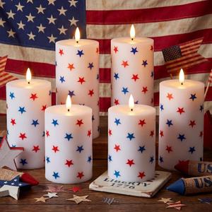 Tujoe 6 Pcs 4th of July Decorations Patriotic Memorial Day LED Candles Battery Operated Pillar Candles Patriotic Design Flameless Independence Day Lights for 250th Anniversary Holiday Decor