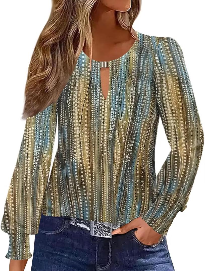 ETCYY Womens Long Sleeve Tops Dressy Casual Blouses Fall Pleated Tunic Trendy Tee Shirts 2026 Vacation Fashion Clothes (L)