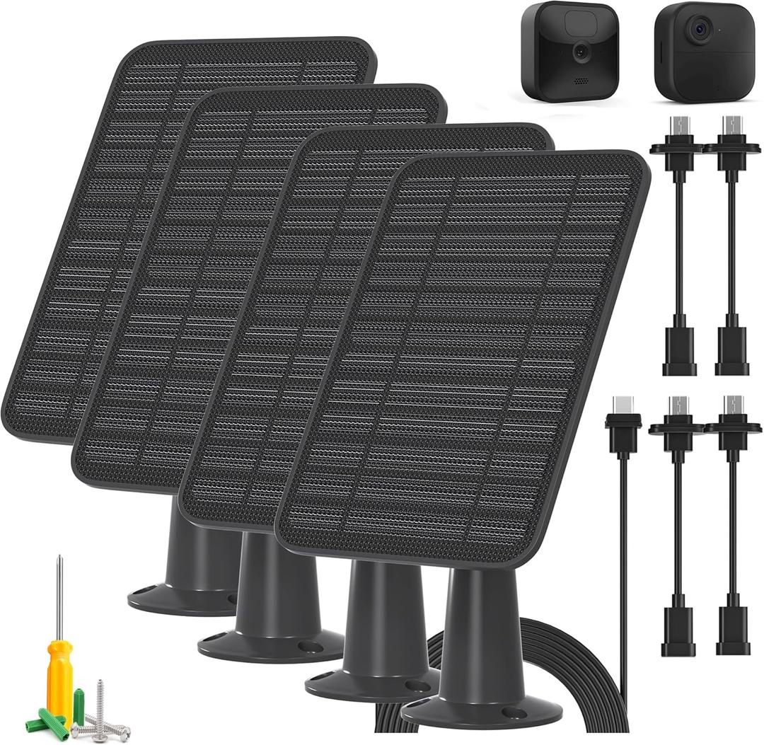 5W Solar Panel for Ring Camera, Solar Panel Charger Compatible with Ring Spotlight Plus/Pro Stick Up Outdoor Cam Battery, 9.8ft Cable with USB-C to Barrel Plug Adapter & Micro-USB Adapter, 4 Pack
