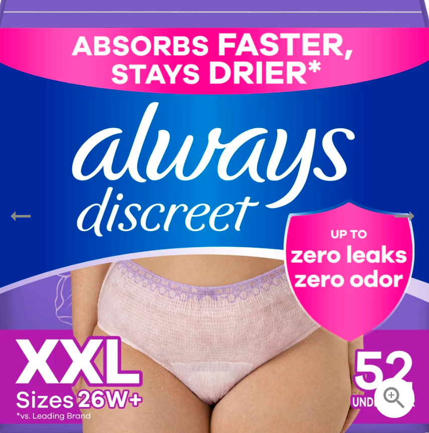 Always Discreet Adult Diapers for Women, Incontinence Underwear, Postpartum Essentials, Disposable Briefs, Max Absorbency, Bladder Leak Protection, 2XL / XXL, 13ct