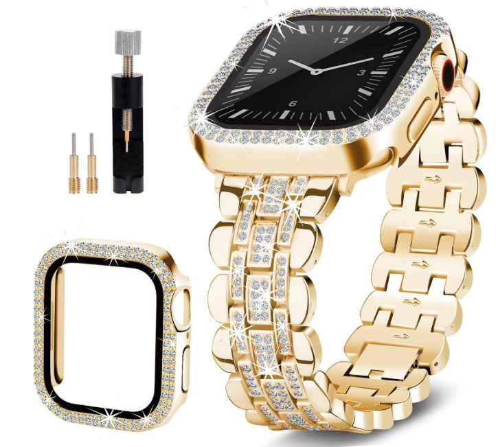 beu1st Bling Bands Compatible with Apple Watch Band 45mm for Women, Diamond Jewelry Replacement Metal Wristband Strap Shiny Bracelet with Crystal Protector Casefor iWatch Series 9/8/7