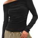 Darong Women Off Shoulder Shirts Long Sleeve Ruched Going Out Tops Trendy Slim Fit Fall Blouses Y2K Tops (Large, Black)