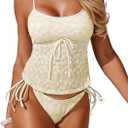 ZAFUL Tankini Swimsuits for Women Lace Contrast Floral Bikini Set Tummy Control Two Piece Bathing Suit (Small, 1-off White)