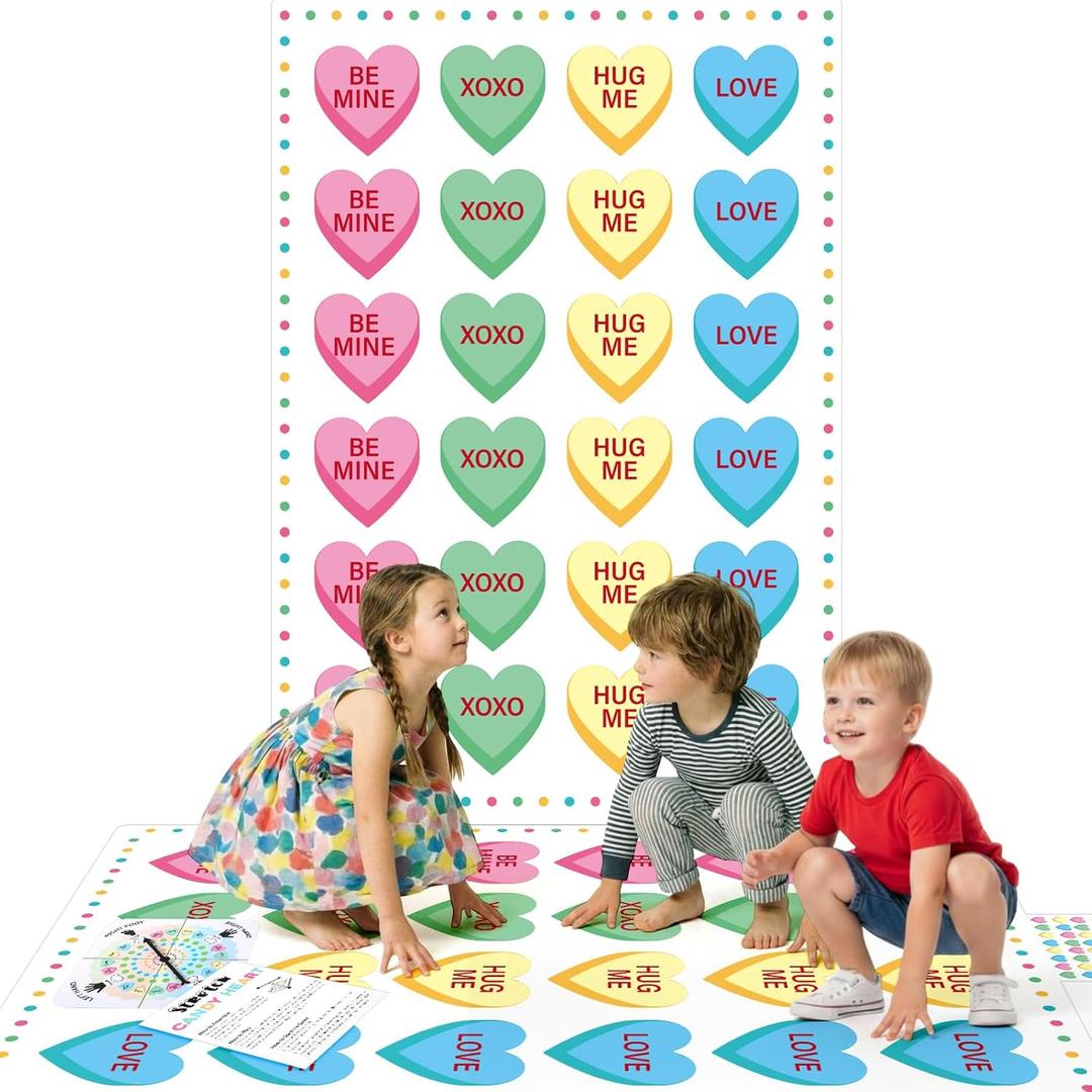 Valentine's Day Game for Classroom Twist Poses Floor Game Includes 59 x 40 Inches Giant Heart Mat Instruction Manual and Black Pointer Valentines Decorations for Indoor Outdoor Activities