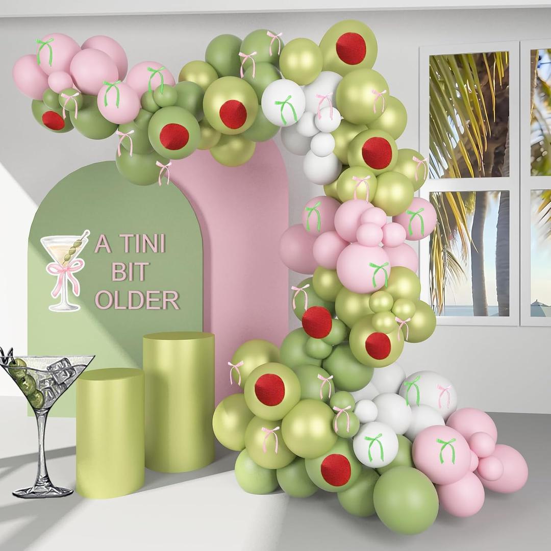 Soonlyn Pink Green Bow Balloon Arch Garland Kit for a Tini Bit Older Birthday, Metallic Green Balloons for Mar Tini Party Decorations Baby Shower, Bachelorette, Bridal Shower,Wedding