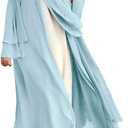 Women Muslim Cardigan Dress Chiffon Dubai Turkey Kaftan Open Front Kimono Abaya Robe Middle East Arabian Robe Caftan Islamic Dress One Piece Loose Full Cover Ruffle Sleeve Robe Belted Light Blue XL