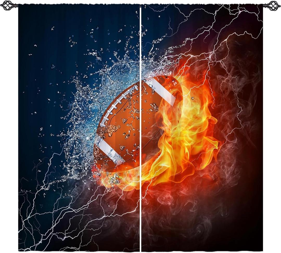 Kids Football Curtains W42 x L63 Inch Rod Pocket Sports Water Fire Rugby Flame Thunder Lightning Print Pattern Privacy Fabric Window Drapes for Boys Bedroom Nursery Baby Playroom 2 Panels