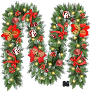 Christmas Garland with Lights, 9FT 30 LED Prelit Christmas Garland for Mantle,Outdoor Indoor Christmas Decorations Garland Battery Operated with Timer, Bows,Flowers,for Stairs,Railing,Fireplace,Door
