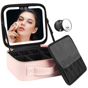 Travel Makeup Bag with LED Lighted Make up Case with Mirror 3 Color Setting Cosmetic Makeup Box Organizer Vanity Case for Women Beauty Tools Accessories Case Rechargeable