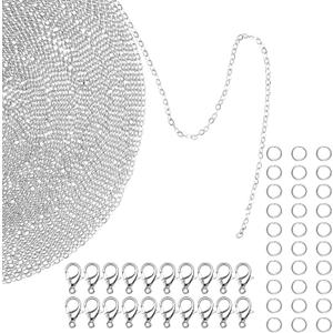 33 Feet Necklace Chains Stainless Steel Chains for Jewelry Making, DIY Link Chain with 20 Lobster Clasps and 30 Jump Rings (Silve, Wide 1.5 mm)