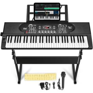 61 Key Portable Keyboard Piano with Stand, Electronic Keyboard Piano Kit, Microphone, Note Stickers, Music Rest, Digital Music Keyboard Built-In Speakers for Beginners