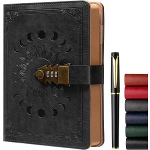 ZXHQ A5 Journal with lock, 120Gsm 224 Pages Lock Diary, Pen Set, Brown Edge, Refillable, Leather Hardcover, Fine Inner Pocket (5.9 x 8.5 inch) - Black
