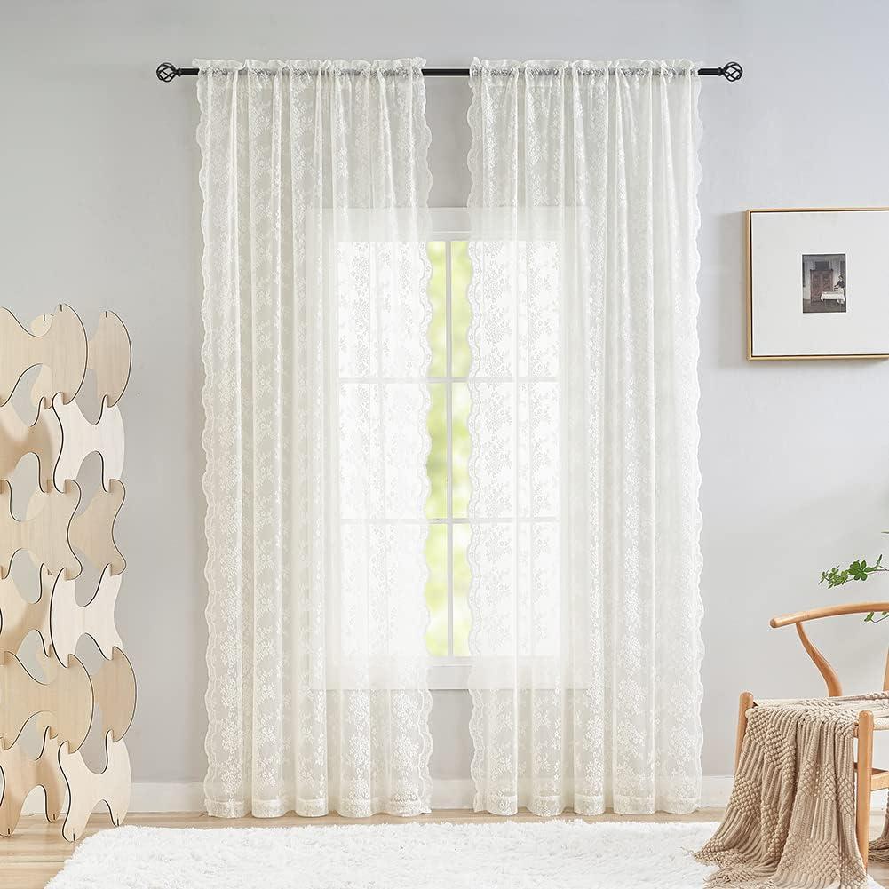 YJ YANJUN Vintage Lace Curtains 96 Inches Long- Victorian Floral Pattern Ivory Sheer Curtain Panels for Living Room, French Country Shabby Chic Light Filtering Drapes, 2 Panels 52W x 96L Cream