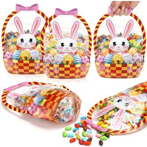 Fuutreo 50 Pcs Easter Gift Bags Clear Bunny Sealing Pouches with Handles Resealable Happy Easter Plastic Favor Bags for Spring Holiday Party Candy Gift Wrapping Supplies Decoration
