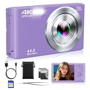 Digital Camera, 2026 Upgraded FHD 4K Camera Digital with 16X Zoom, Small Portable Camera with 64GB Memory Card 2 Batteries, Compact Travel Digital Camera for Beginners Students Boys Girls