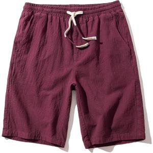 SIR7 Men's Linen Casual Classic Fit 11 Inch Inseam Elastic Waist Shorts with Drawstring (X-Large, Wine)