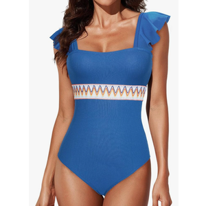Aleumdr Women's One Piece Swimsuit Ruffle Tummy Control Bathing Suits Color Block Ribbed Swimwear L