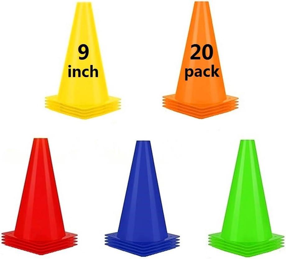 Soccer Cones (9 Inch 20 Pack), Agility Training Sport Cone with Carry Bag for Drilling Football Basketball Field Markers, (5 Colors)