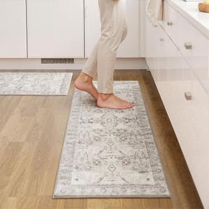 GRANNY SAYS Boho Kitchen Rug Sets of 2, Non Slip Washable Faux Wool Kitchen Mats for Floor, Thick Soft Anti-Fatigue Comfort Standing Mat Runner Rugs for Hallway Laundry Room, Beige (1'8" x 4' (20" x 48" + 20" x 32"))