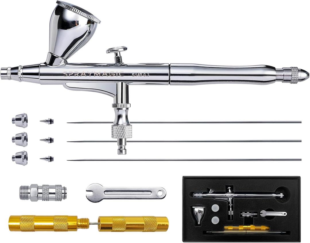 SprayMagic Airbrush Kit, Dual-Action Airbrush Gun with 0.2/0.3/0.5mm Needle Nozzel Sets and Gravity Feed Fluid Cup, Air Brush Gun for Nail Paint Makeup Barber Cake Decorating Model Car Tattoo Silver