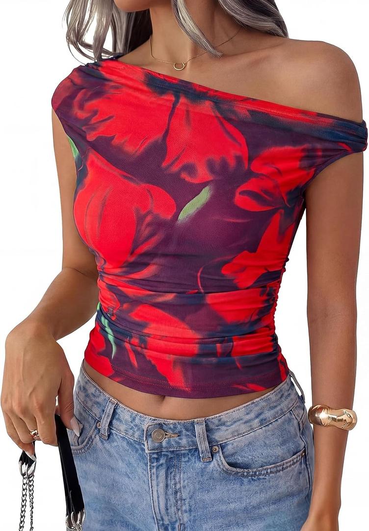 PRETTYGARDEN Women's Off Shoulder Tops 2026 Summer Going Out Crop Tank Tops Asymmetrical Floral Mesh Tight Y2K Shirts Clothes (S)