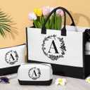 Personalized Gifts for Women, Initial Canvas Tote Bag & Makeup Bag Monogrammed Beach Tote Bags for Women w/ Zipper, Mothers Day Birthday Gifts for Mom Her Wife Girlfriend Sister Best Friend Teacher