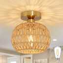 8.6 Inch Rattan Light Fixtures Ceiling Hand Woven Ceiling Light Fixtures Flush Mount Boho Light Fixtures Wicker Ceiling Light with Woven Shade for Hallway Bedroom