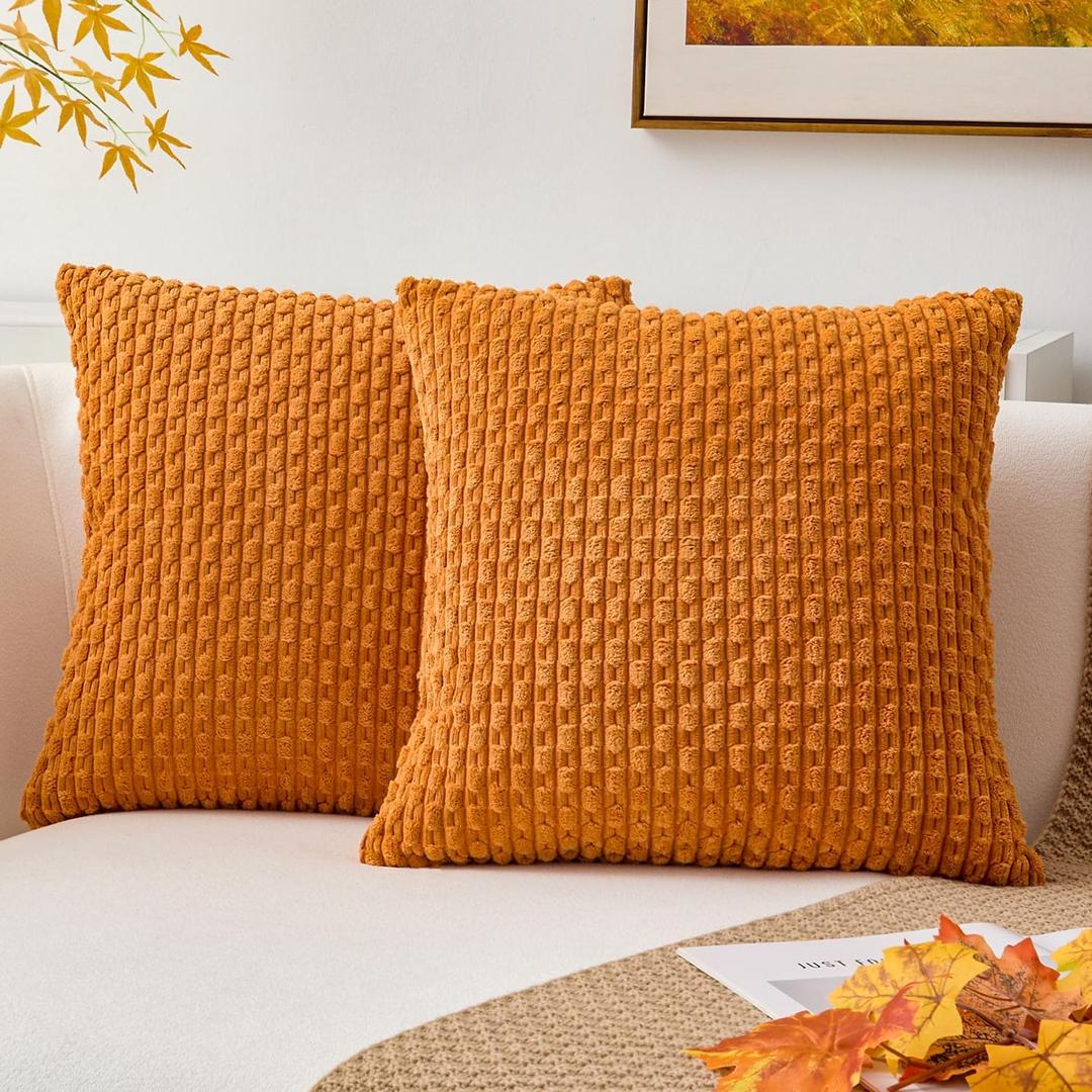 Kevin Textile Fall Throw Pillow Covers Soft Corduroy Decorative Set of 2 Boho Striped Pillow Covers Pillowcases Farmhouse Home Decor for Couch Bed Sofa Living Room 16x16 Inch Orange Yellow