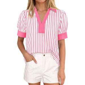 Tankaneo Womens Short Puff Sleeve Tops Summer Color Block Blouses Shirts (M)