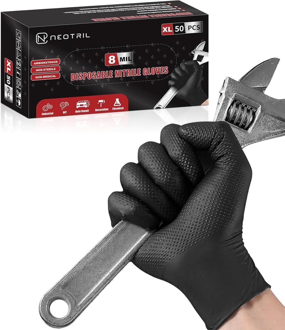 8 Mil Heavy Duty Disposable Nitrile Gloves with Diamond Texture Grip Rubber Gloves Latex & Powder Free (Large, Box of 50 / Black)