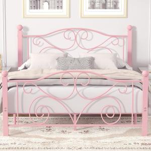 VECELO Queen Size Bed Frame with Headboard and Footboard, Heavy Duty Metal Slat Support, Platform Mattress Foundation, No Box Spring Needed, Easy Assembly, Light Pink