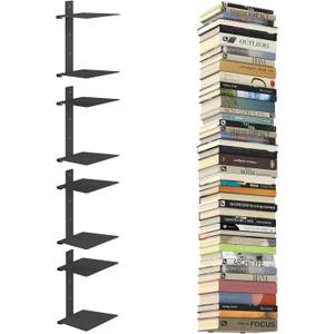 Invisible Floating Bookshelves for Wall, 8 Tier Vertical Spine Book Tower, Heavy Duty Floating Book Shelves Metal Book Organizers for Home Office, 4 Pack(Black)