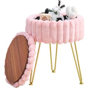 Wimarsbon Vanity Stool with Storage, Faux Fur Ottoman Chair with Metal Legs, Round Makeup Vanity Chair for Bedroom or Dressing Table, Modern Small Ottoman Seat (Pink)