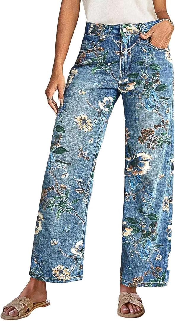 Flamingals Mid-Rise Vintage Floral Straight Leg Pants for Women Summer Casual Denim Pants Deep Blue L