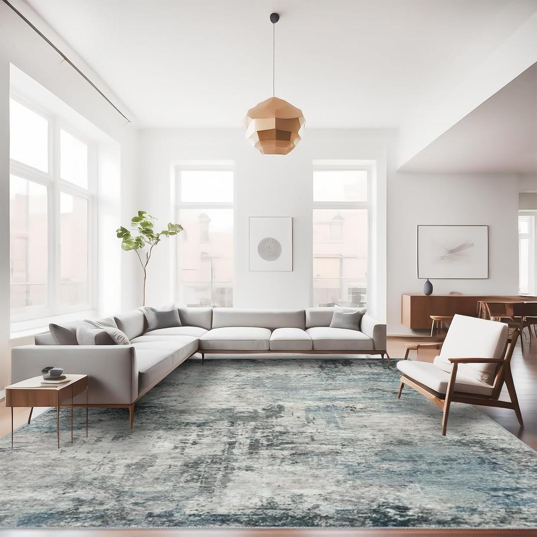 RUUGME Abstract 9x12 Washable Rug - Area Rugs for Living Room Waterproof Large Indoor Ultra Thin mat for Bedroom Stain Resistant Non-Slip Backing Distressed Soft Room Farmhouse Floor Carpet 9X12 Blue (9ft x 12ft)