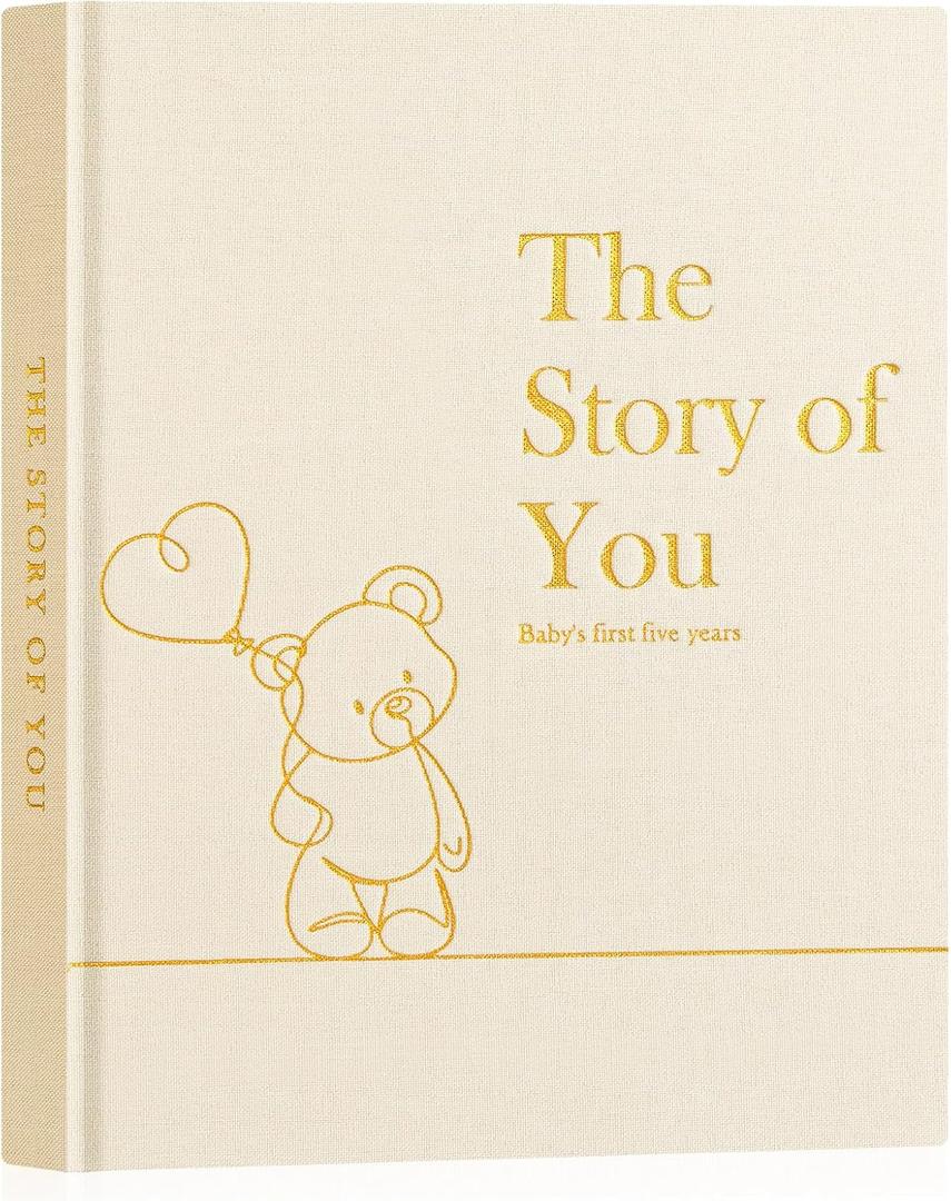 Lanpn Baby Memory Book for Boy Girl - The Story of You, Newborn Babys Keepsake Book Photo Album for New Parents, Linen Cover Baby First 5 Year Milestone Journal Scrapbook (Beige, 154 Pages)