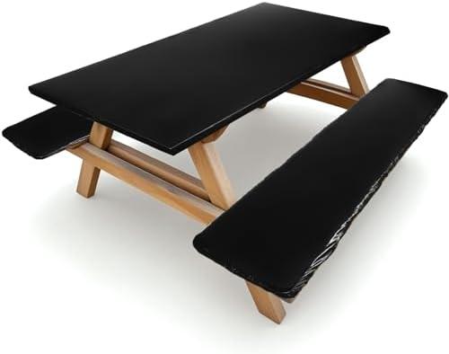 1 Pcs Picnic Table and Bench Fitted Tablecloth Cover for 6 Ft Table 30 x 72 Inch Vinyl Fitted Elastic Edges Waterproof Wipeable Tablecloth for Indoor Outdoor Travel Picnics Patio Camping (Black)