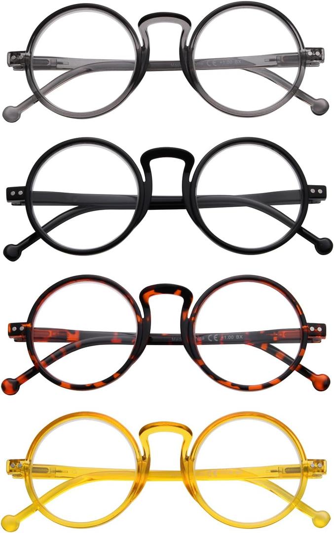 4 Pairs of Oversized Round Reading Glasses for Men and Women – Vintage Readers with Spring Hinges (+1.00) (4 Pack Mix Color - R2140)
