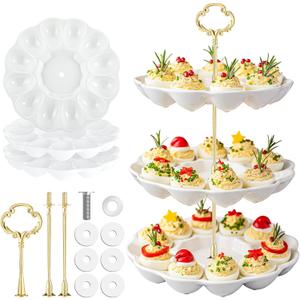 Potchen Multi Tier Ceramic Deviled Egg Platter Deviled Egg Tray Container, Detachable Eggs Holder Tower Wedding Party Food Container for Kitchen Countertop Microwave Dishwasher Freezer(Flower,3 Tier)